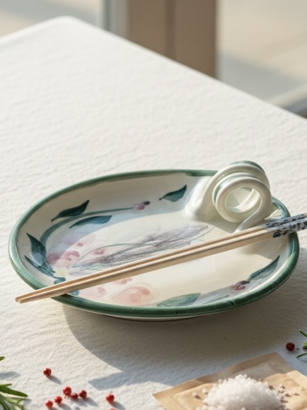 Vintage Hand Painted Ceramic Dish with Finger Loop Handle -  Studio Pottery